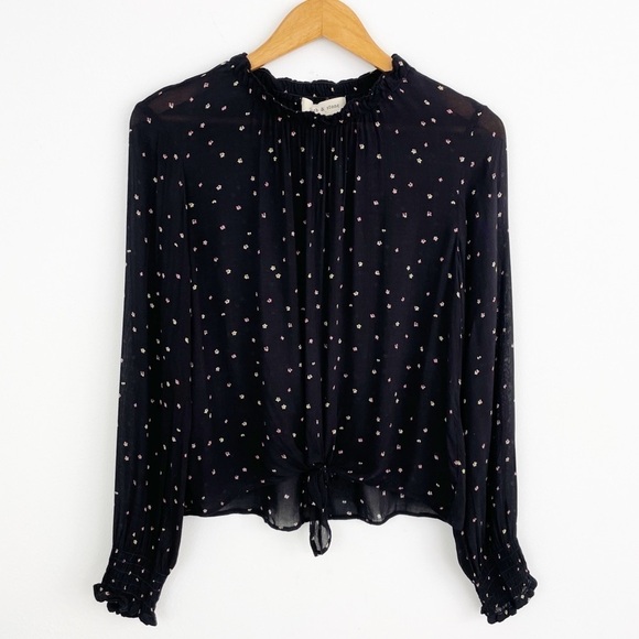 Anthropologie Cloth & Stone Black Floral Ruffle Neck Tie Front Long Sleeves Top - Picture 1 of 12